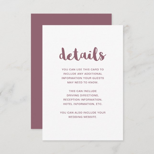 Mauve and White Wedding Guest Details Enclosure Card (Front/Back)