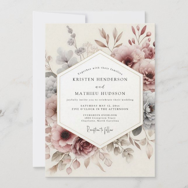Mauve Antique Bloom Wedding Invitation (Front)