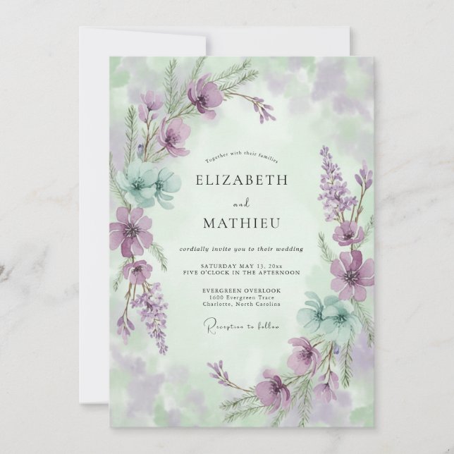 Mauve Aqua Wildflower Wedding Invitation (Front)