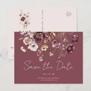 Mauve Autumn Floral Wedding Save the Date Postcard