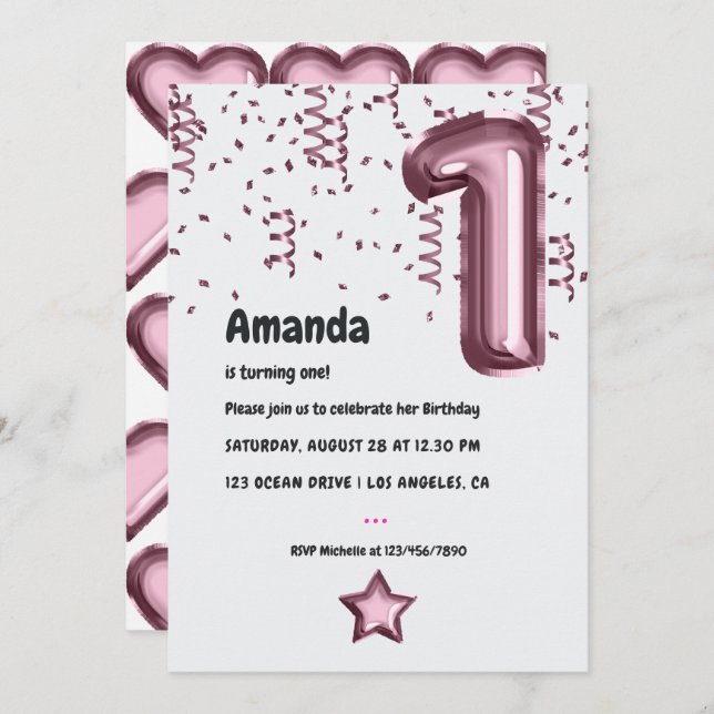 Mauve Balloon 1st Birthday Invitation (Front/Back)