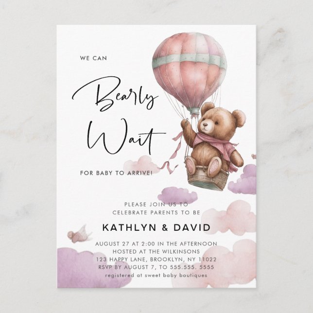 Mauve Balloon We Can Bearly Wait Girl Baby Shower Invitation Postcard (Front)