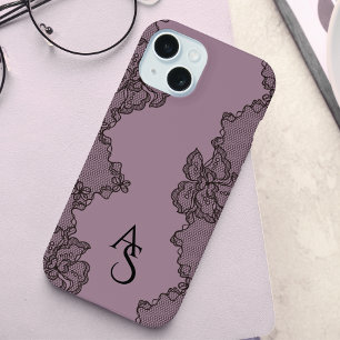 Mauve Black Floral Lace Monogrammed iPhone 15 Case
