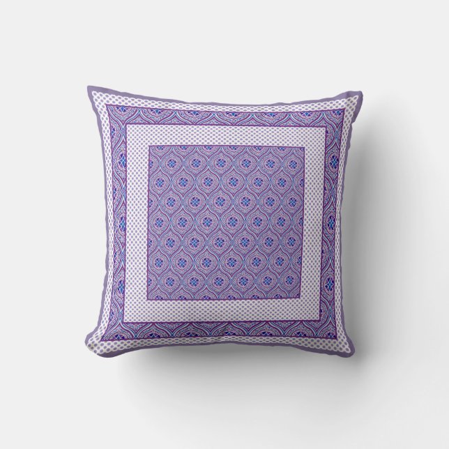 Mauve, Blue and White Ogee Pattern and Polka Dots Cushion (Front)