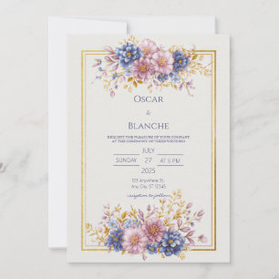 Mauve Blue Botanical Gold Frame Wedding Invitation