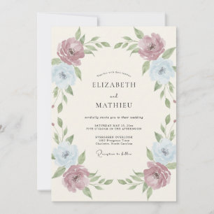 Mauve Blue Watercolor Floral Wedding Invitation