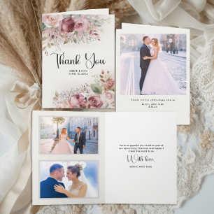 Mauve Blush Floral 3-Photo Wedding Thank You Card