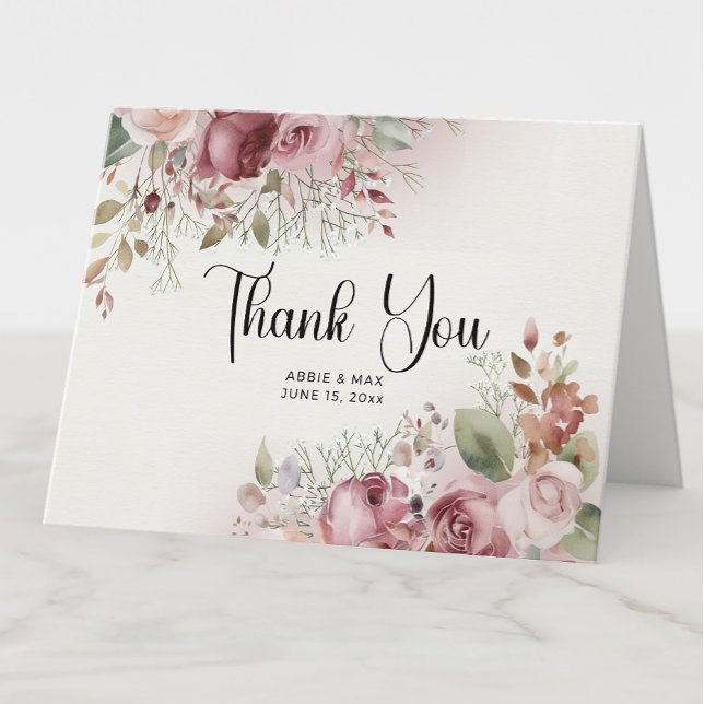 Mauve Blush Floral 4-Photo Wedding Thank You Card (Elegant mauve and blush rose wedding thank you folded card personalized with 4 photos.)