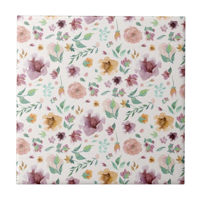 Mauve, Blush, Gold Floral Custom Colour Ceramic Tile (Front)