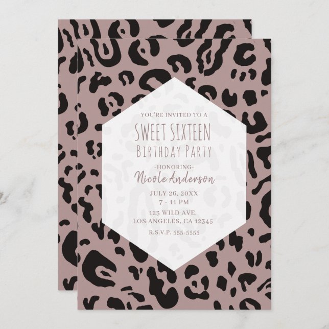 Mauve Blush Pink Cheetah Leopard Sweet 16 Party In Invitation (Front/Back)
