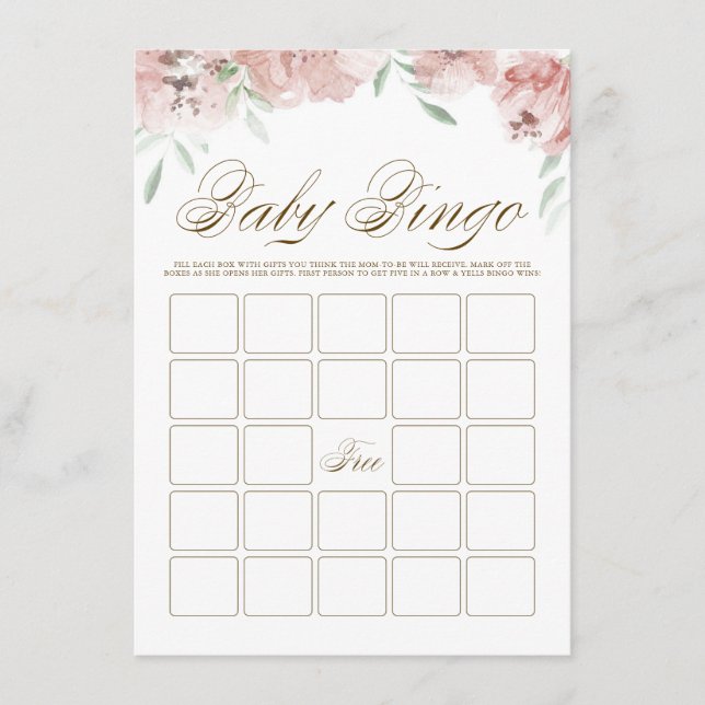 Mauve Blush Pink Flowers Baby Shower Bingo Card (Front)