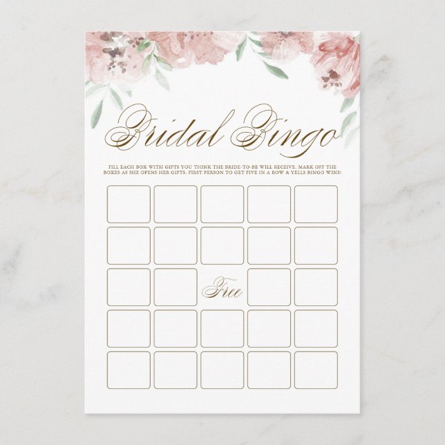 Mauve Blush Pink Flowers Bridal Shower Bingo Card (Front)