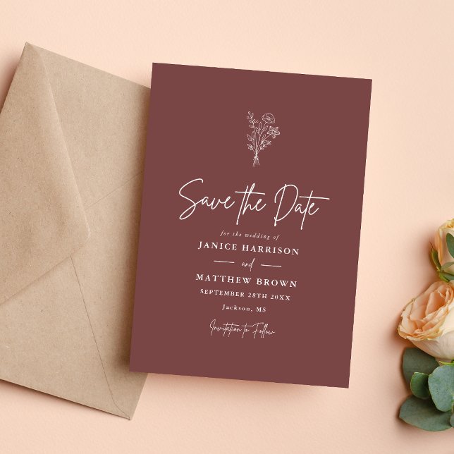 Mauve Boho Minimalist Botanicals Wedding Save The Date (Mauve boho botanical save the date adds soft elegance and sets a romantic tone for your wedding.)
