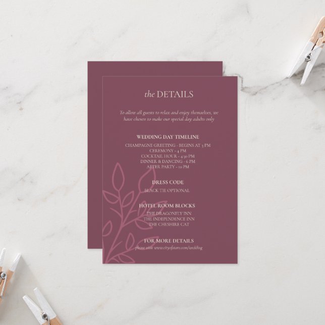 Mauve Boho Minimalist Wedding Details Card (Front/Back In Situ)