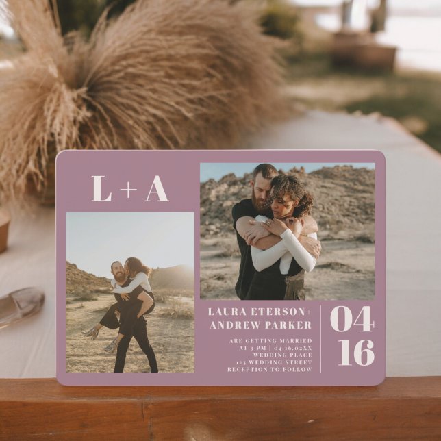 Mauve bold  minimalist initials 2 photos wedding invitation (Mauve bold minimalist initials 2 photos wedding invitation)