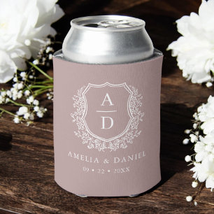 Mauve Botanical Crest Modern Monogram Wedding  Can Cooler