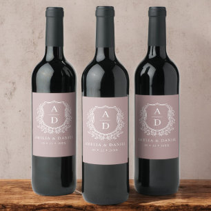 Mauve Botanical Crest Modern Monogram Wedding  Wine Label