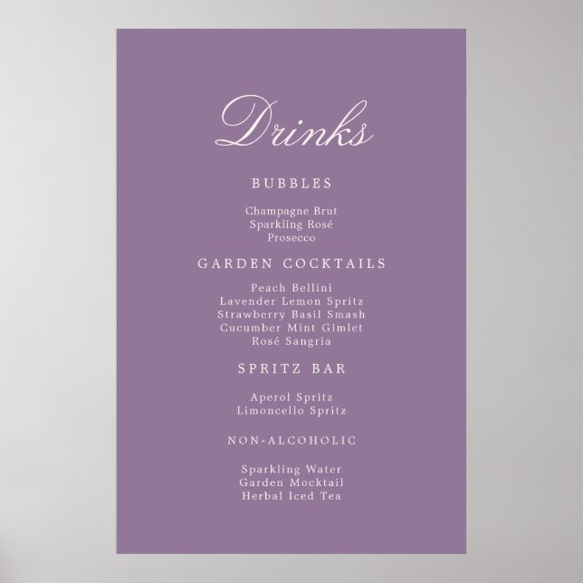 Mauve Calligraphy Wedding Drinks Menu Sign (Front)