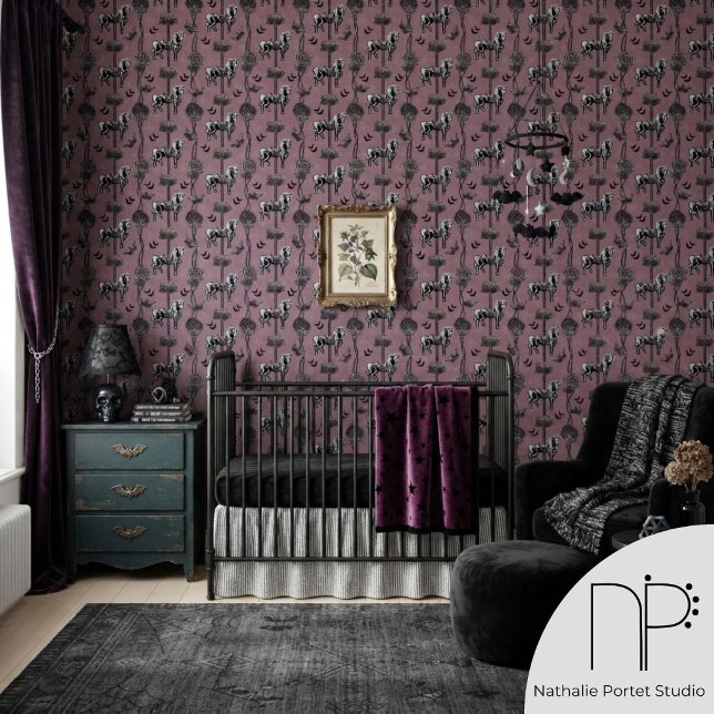 Mauve Carousel Skeleton Horse Wallpaper (Mauve Carousel Skeleton Horse and Roses Wallpaper features hand-drawn Vintage whimsical gothic decor)