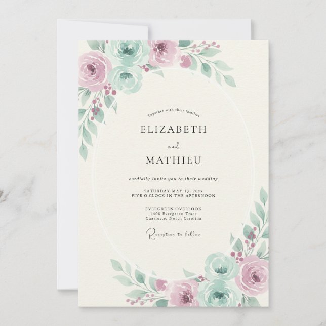Mauve Celadon Petal Wedding Invitation (Front)