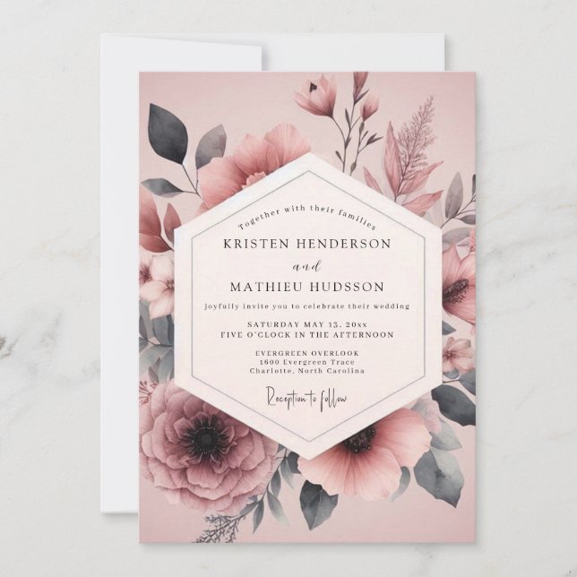 Mauve Charcoal Flora Wedding Invitation (Front)