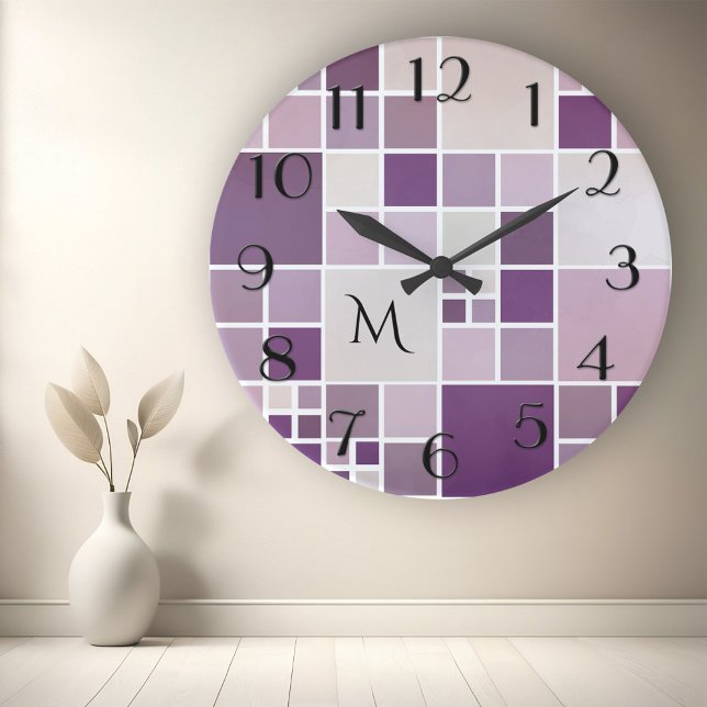 Mauve Chequered Pattern Monogram Wall Clock (Wall clock with a checkered tile pattern with a subtle watercolor effect in mauve, purple and lilac)