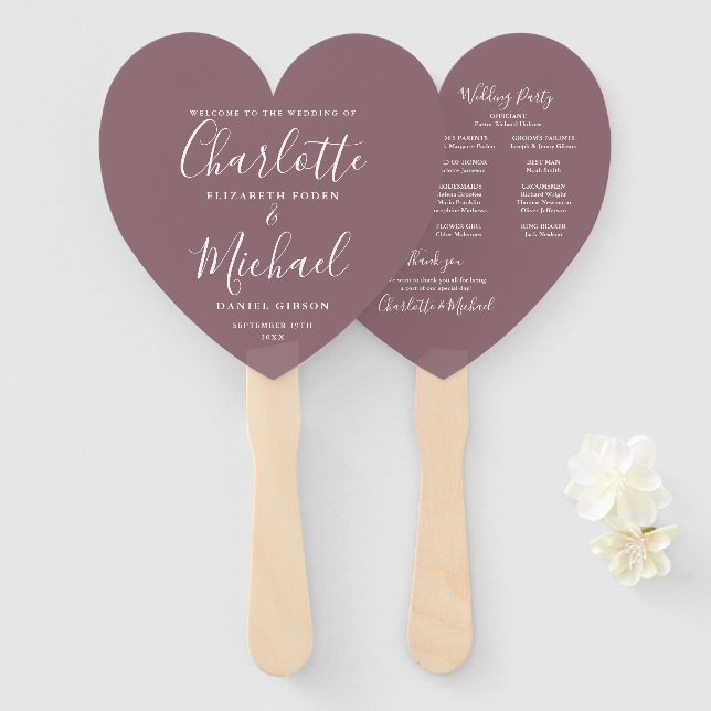 Mauve Chic Wedding Program Heart Hand Fan (Front and Back)