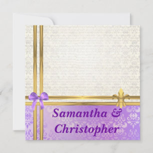 Mauve & cream damask with gold ribbon wedding invitation