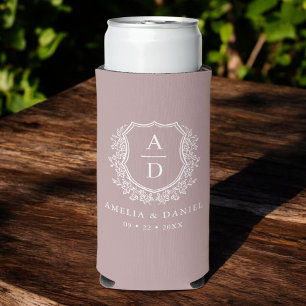 Mauve Crest Botanical Monogram Wedding  Seltzer Can Cooler