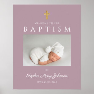 Mauve Cross Photo Girl Baptism Welcome  Poster