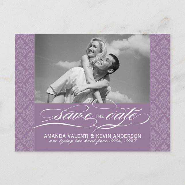 Mauve Damask Save the Date Announcement Postcard (Front)