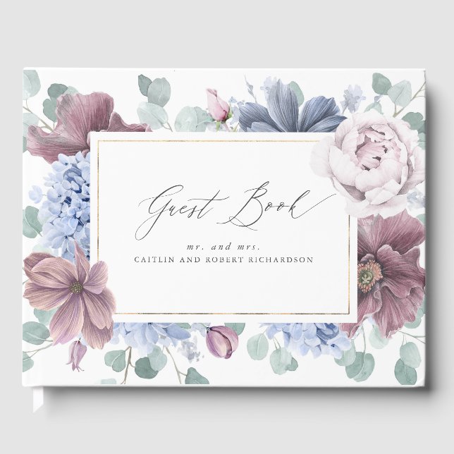Mauve Dusty Blue Floral Elegant Wedding Guest Book (Front)