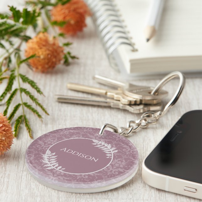 Mauve Elegant Damask Personalised Keychain (Front Right)