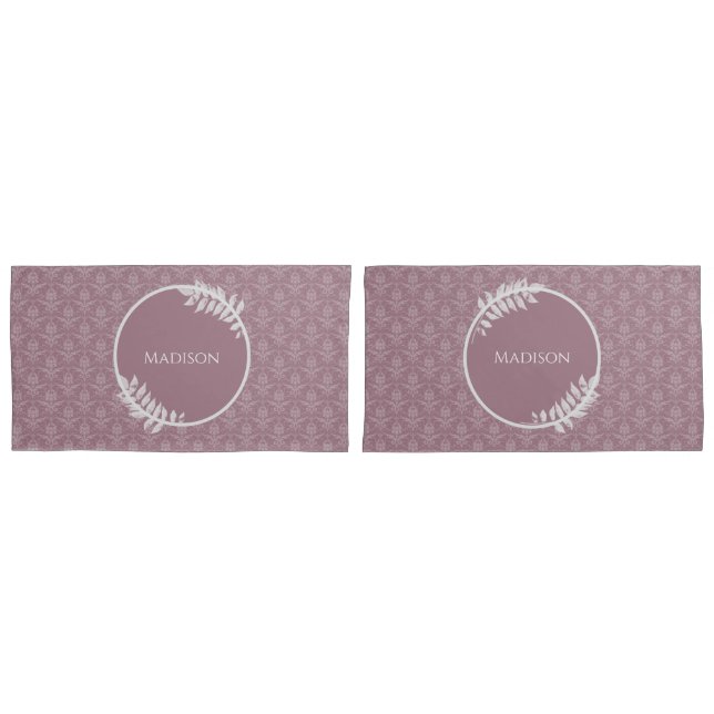 Mauve Elegant Damask Personalised Pillow Case (Front-Set)