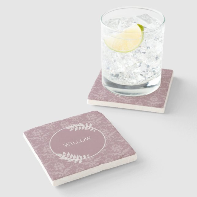 Mauve Elegant Damask Personalised Stone Coaster (Side)