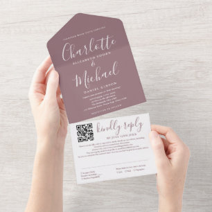 Mauve Elegant Modern Script QR Code Wedding All In One Invitation