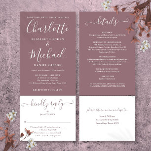 Mauve Elegant Script All In One Wedding Invitation