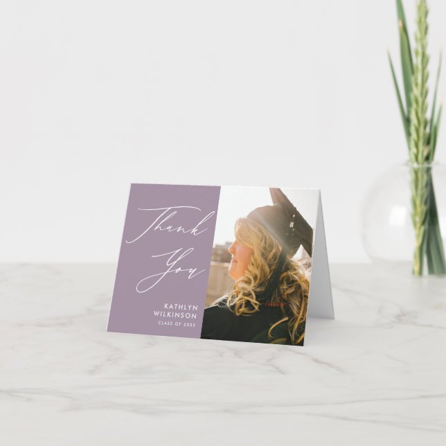 Mauve Elegant Script Minimalist Photo Graduation Thank You Card (Front)