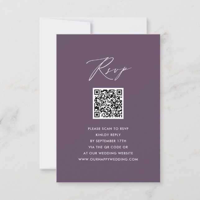 Mauve Elegant Script Minimalist QR Wedding RSVP Card (Front)