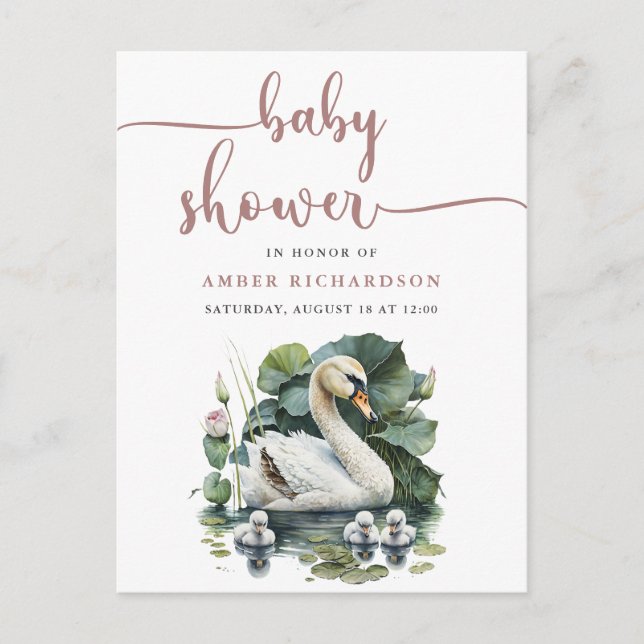 Mauve Elegant Script Minimalist Swan Baby Shower Invitation Postcard (Front)