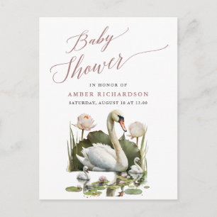 Mauve Elegant Script Minimalist Swan Baby Shower Invitation Postcard