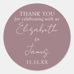 Mauve Elegant Script Wedding Thank You Classic Round Sticker