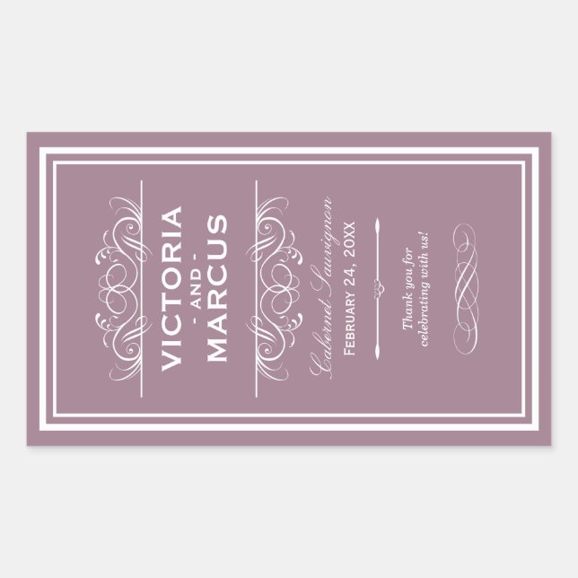 Mauve Elegant Wedding Monogram Wine Bottle Rectangular Sticker (Front)