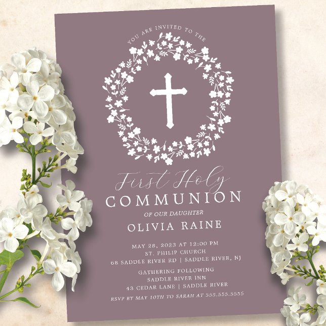 Mauve Floral Girls First Communion Invitation (Creator Uploaded)