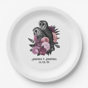 Mauve Floral Glam Gothic Owls  Paper Plate