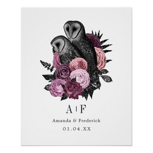 Mauve Floral Glam Gothic Owls Wedding Poster (Front)