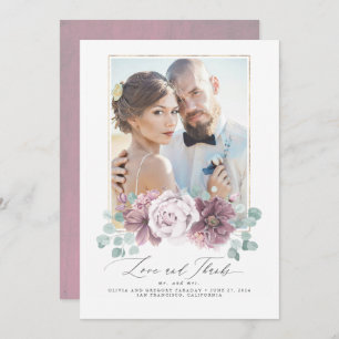 Mauve Floral Love and Thanks Wedding Thank You Invitation