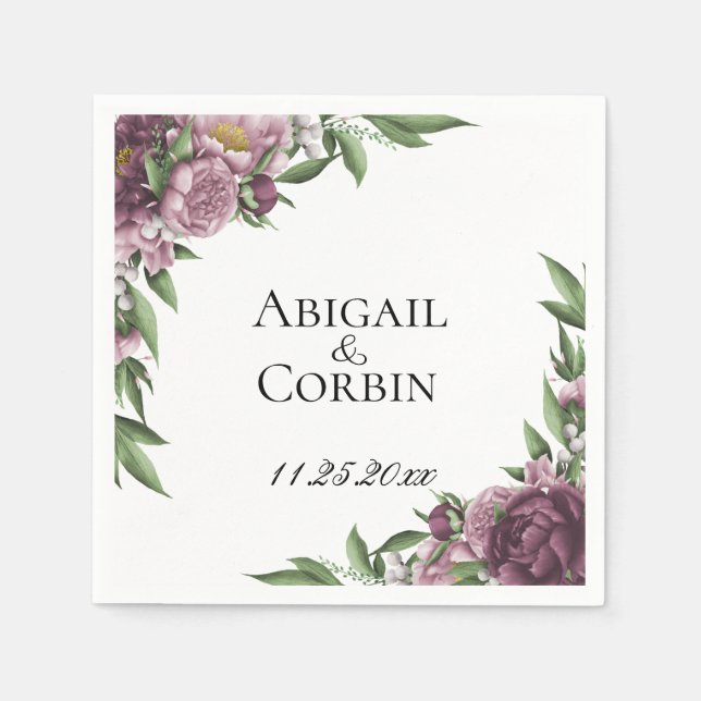 Mauve Floral Personalised Wedding Paper Napkins (Front)