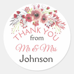 Mauve Floral Thank You Personalised Mr & Mrs Classic Round Sticker
