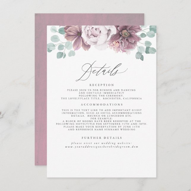 Mauve Floral Wedding Information Enclosure Card (Front/Back)